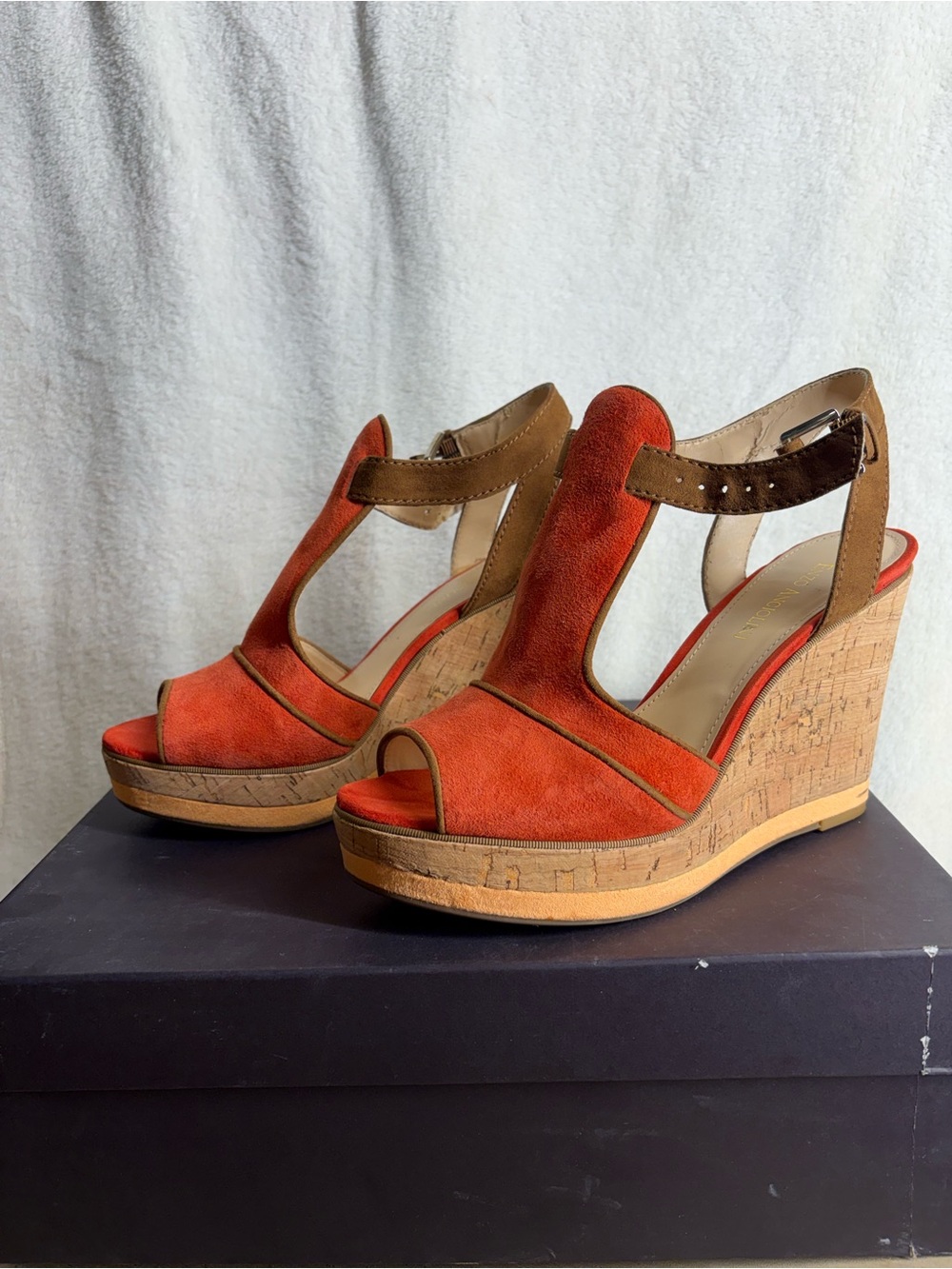 Enzo Angiolini Women's Orange Suede Cork Wedge Sandals